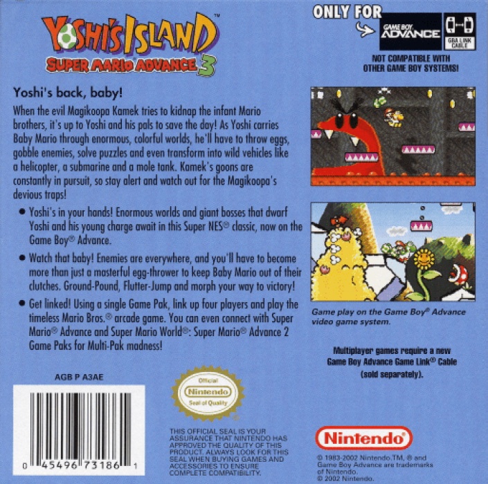 Back boxart of the game Yoshi's Island - Super Mario Advance 3 (United States) on Nintendo GameBoy Advance