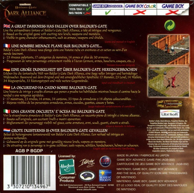 Back boxart of the game Baldur's Gate - Dark Alliance (Europe) on Nintendo GameBoy Advance