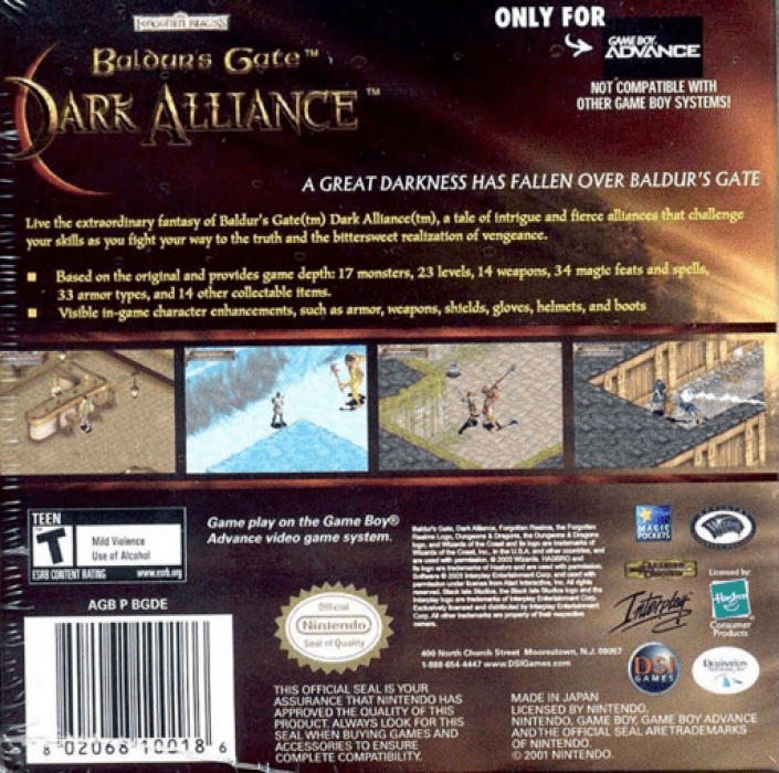 Back boxart of the game Baldur's Gate - Dark Alliance (United States) on Nintendo GameBoy Advance