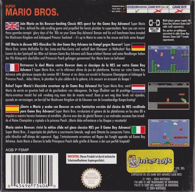 Back boxart of the game Classic NES Series - Super Mario Bros. (Europe) on Nintendo GameBoy Advance