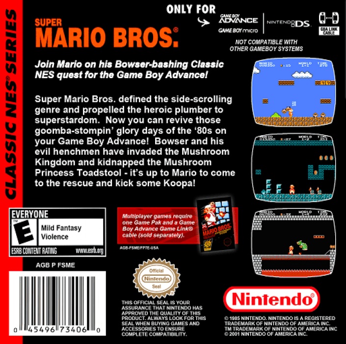 Back boxart of the game Classic NES Series - Super Mario Bros. (United States) on Nintendo GameBoy Advance