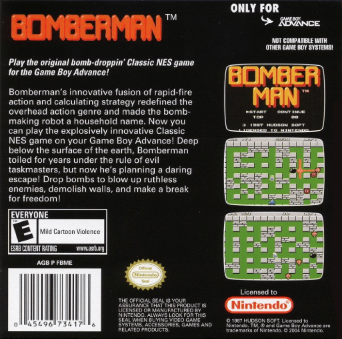 Back boxart of the game Classic NES Series - Bomberman (United States) on Nintendo GameBoy Advance