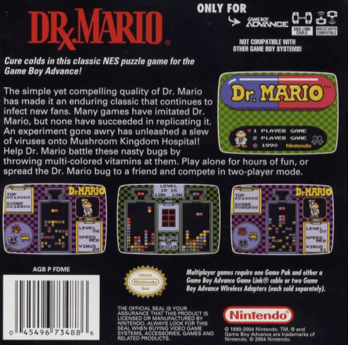 Back boxart of the game Classic NES Series - Dr. Mario (United States) on Nintendo GameBoy Advance