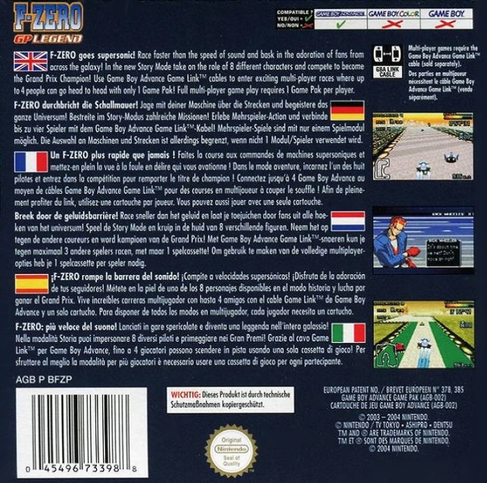 Back boxart of the game F-Zero - GP Legend (Europe) on Nintendo GameBoy Advance