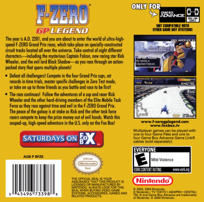 Back boxart of the game F-Zero - GP Legend (United States) on Nintendo GameBoy Advance