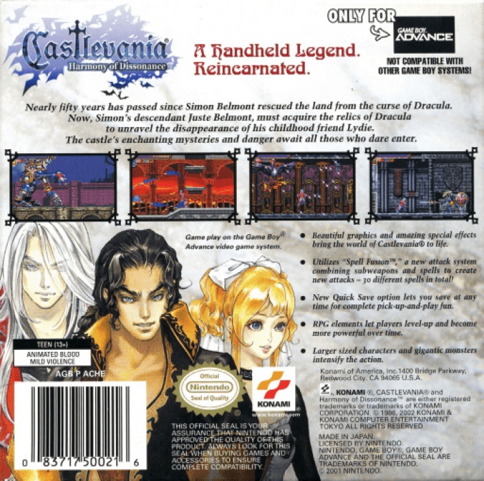 Back boxart of the game Castlevania - Harmony of Dissonance (United States)...