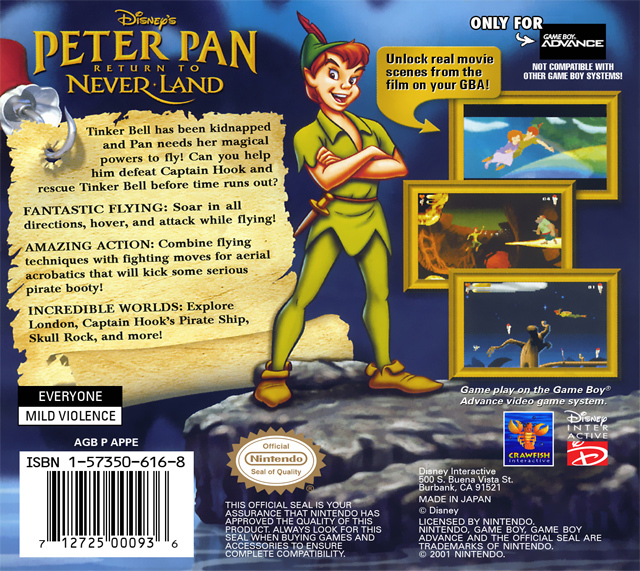 Back boxart of the game Peter Pan - Return to Neverland (United States) on Nintendo GameBoy Advance