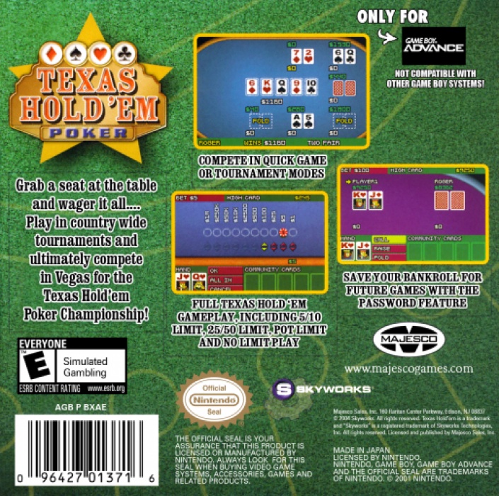 Back boxart of the game Texas Hold 'Em Poker (United States) on Nintendo GameBoy Advance