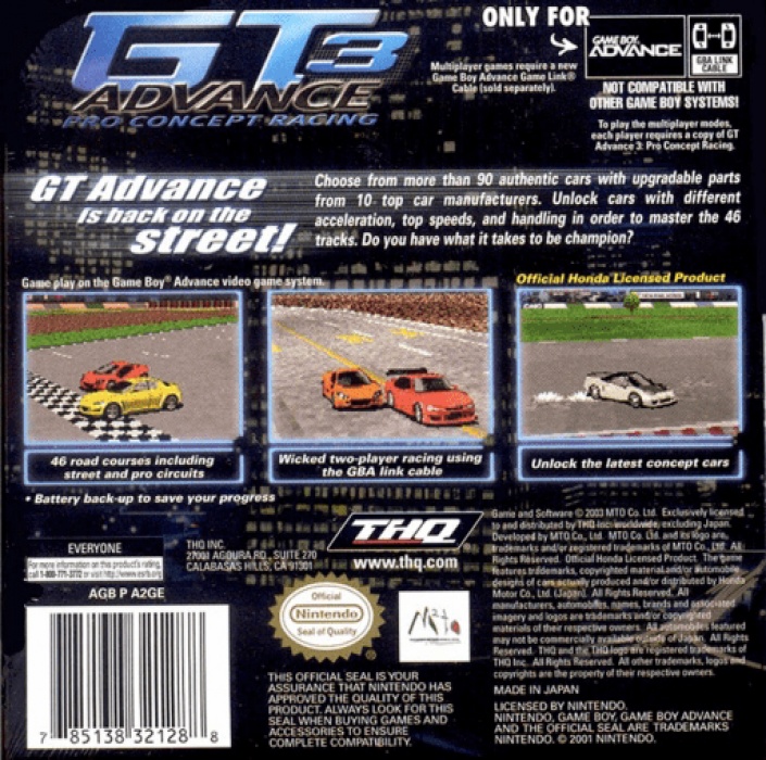 Back boxart of the game GT Advance 3 - Pro Concept Racing (United States) on Nintendo GameBoy Advance