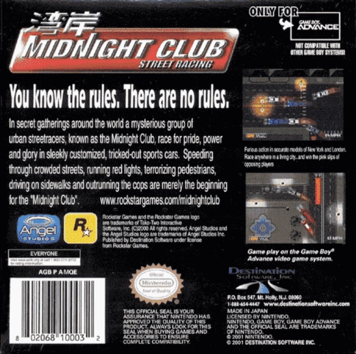Back boxart of the game Midnight Club - Street Racing (United States) on Nintendo GameBoy Advance