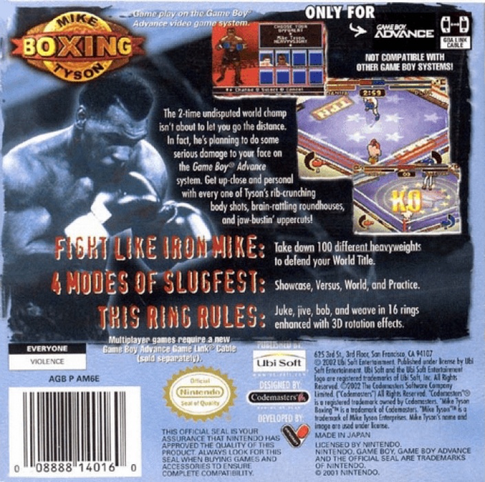 Back boxart of the game Mike Tyson Boxing (United States) on Nintendo GameBoy Advance