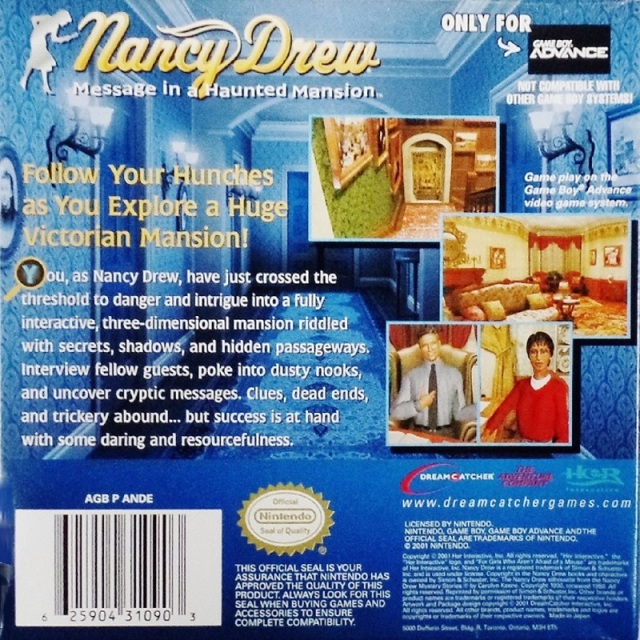 Back boxart of the game Nancy Drew - Message in a Haunted Mansion (United States) on Nintendo GameBoy Advance