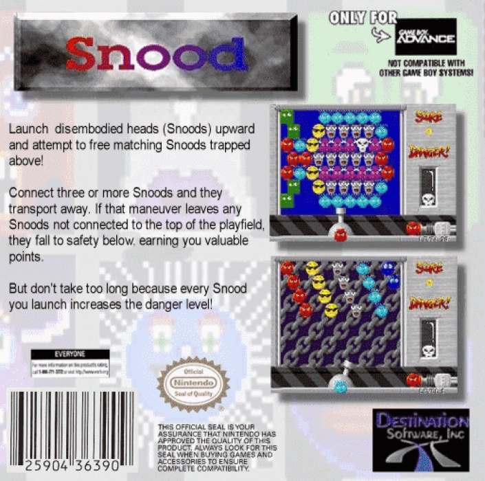 Back boxart of the game Snood (United States) on Nintendo GameBoy Advance