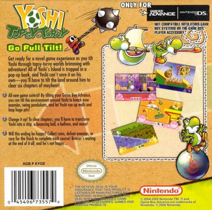 Back boxart of the game Yoshi Topsy-Turvy (United States) on Nintendo GameBoy Advance