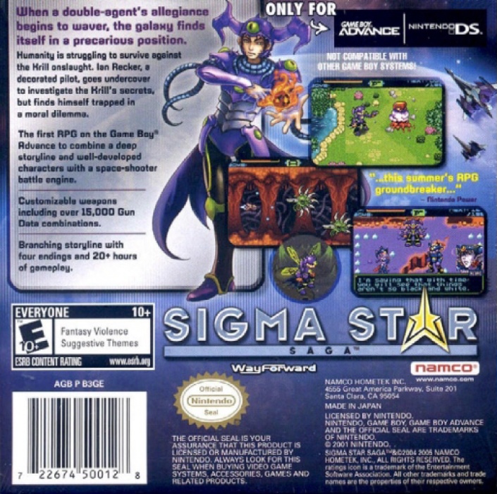 Back boxart of the game Sigma Star Saga (United States) on Nintendo GameBoy Advance