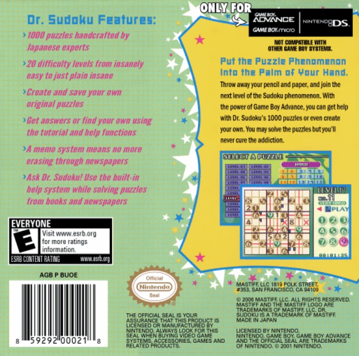 Back boxart of the game Dr. Sudoku (United States) on Nintendo GameBoy Advance