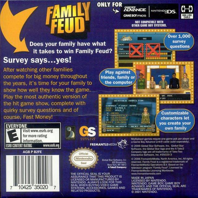 Back boxart of the game Family Feud (United States) on Nintendo GameBoy Advance