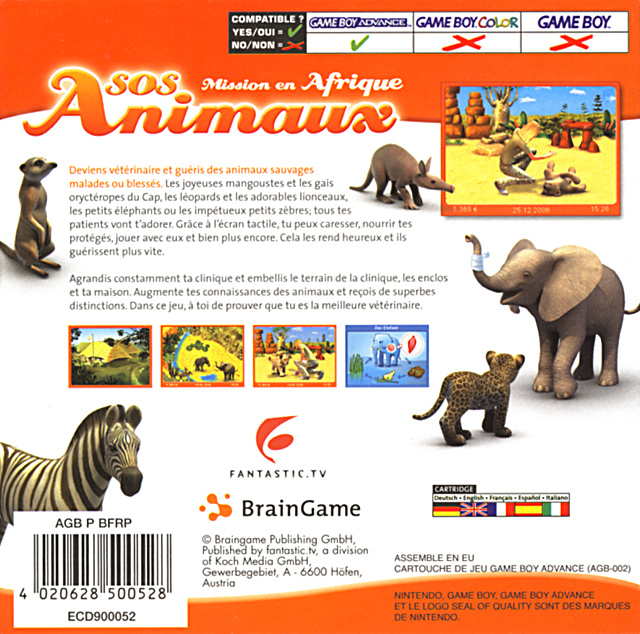 Back boxart of the game SOS Animaux - Mission en Afrique (France) on Nintendo GameBoy Advance