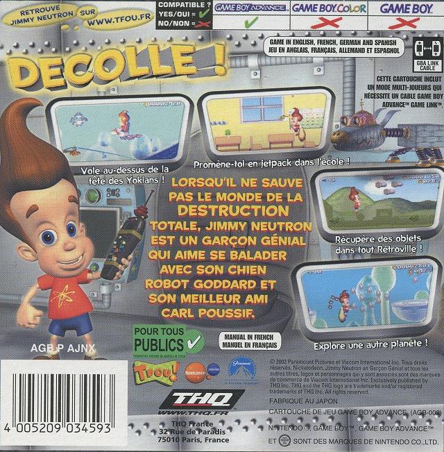 Back boxart of the game Jimmy Neutron - Un Garçon Génial (France) on Nintendo GameBoy Advance