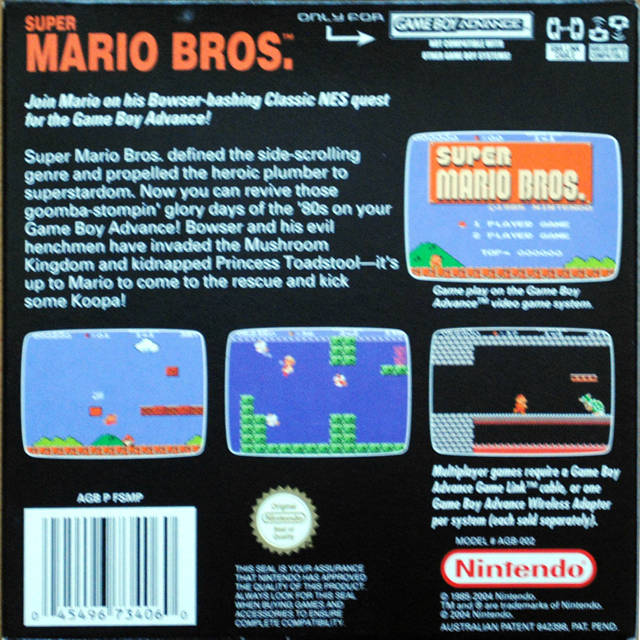 Back boxart of the game NES Classics - Super Mario Bros. (Australia) on Nintendo GameBoy Advance