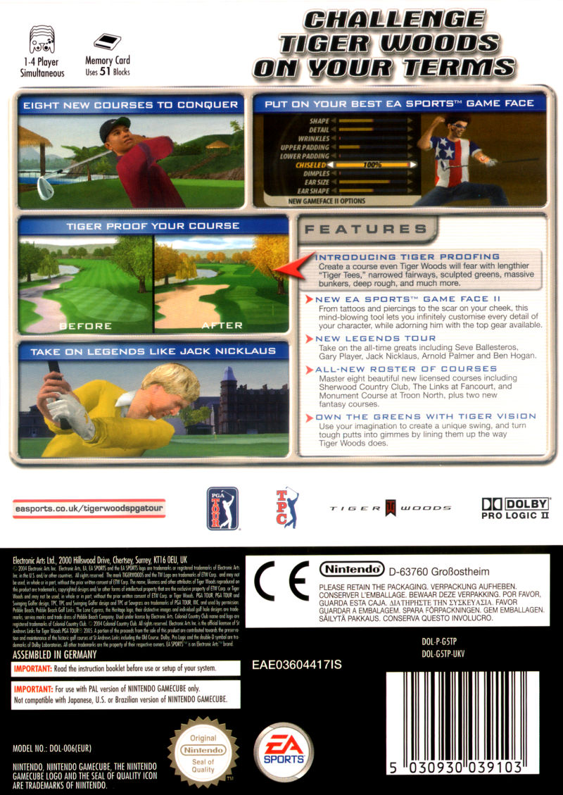 Back boxart of the game Tiger Woods PGA Tour 2005 (Europe) on Nintendo GameCube