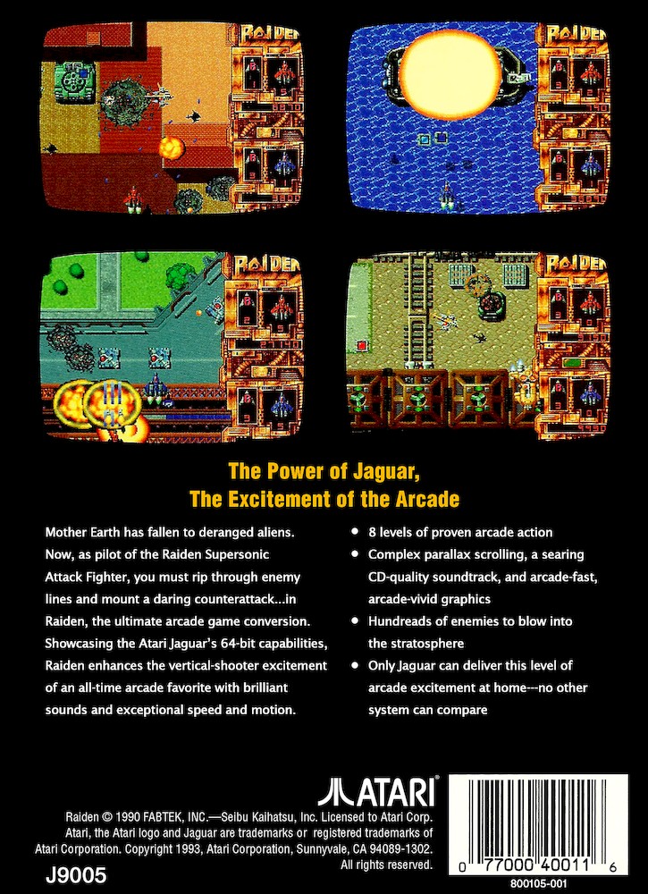 Back boxart of the game Raiden on Atari Jaguar