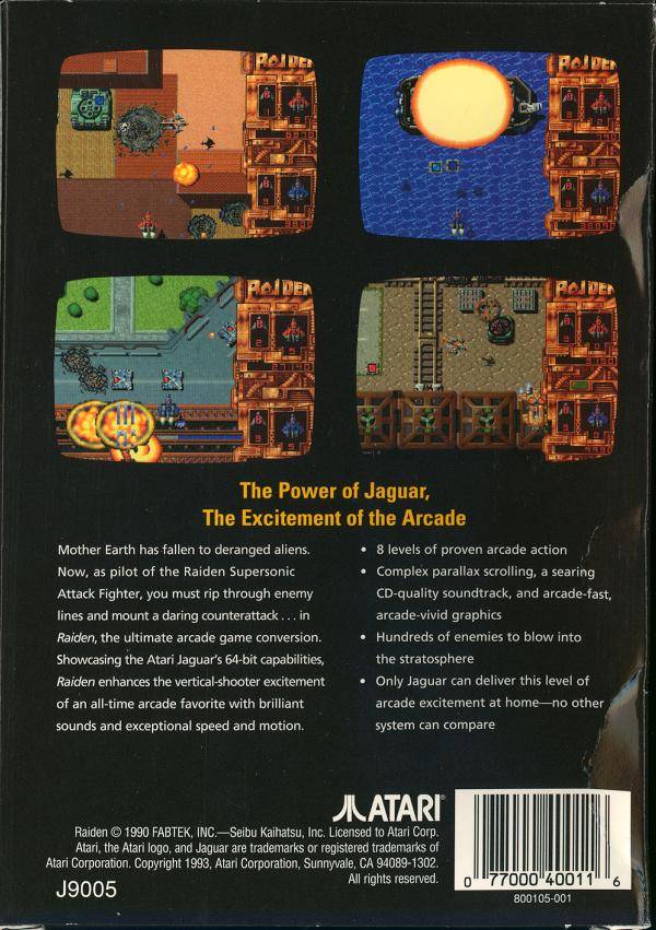 Back boxart of the game Raiden (United States) on Atari Jaguar