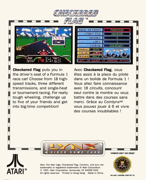 Back boxart of the game Checkered Flag (United States) on Atari Lynx