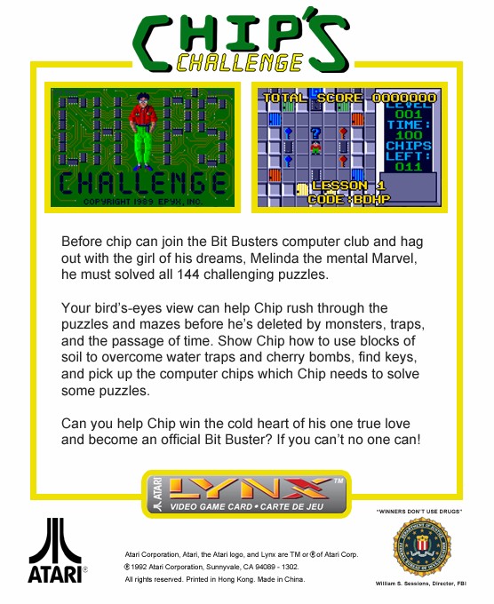Back boxart of the game Chip's Challenge (United States) on Atari Lynx