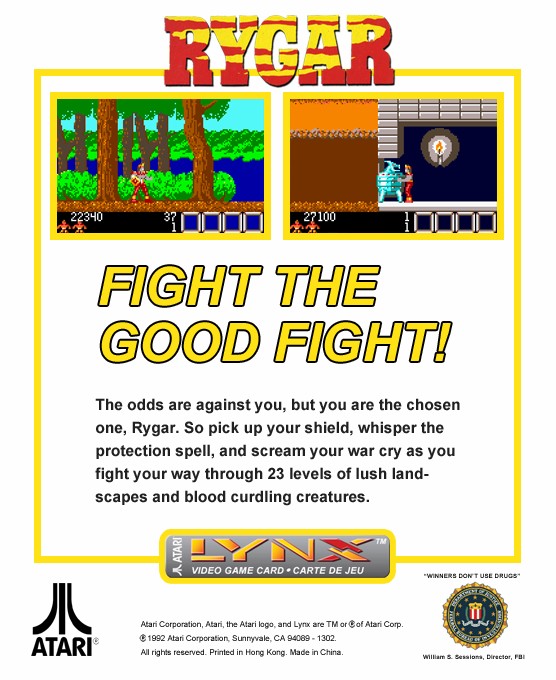 Back boxart of the game Rygar (United States) on Atari Lynx