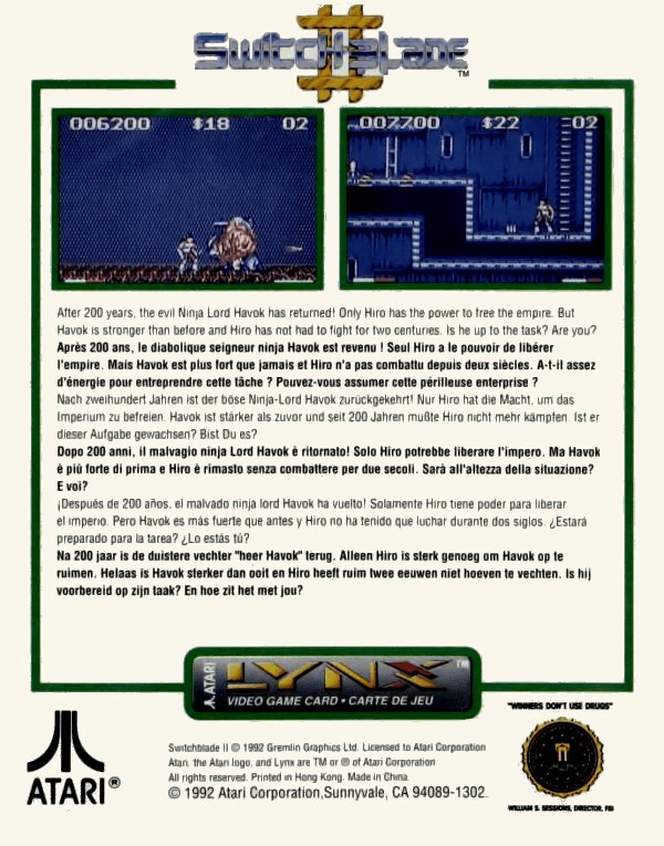 Back boxart of the game Switchblade II (United States) on Atari Lynx