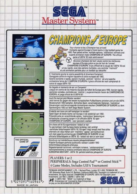 Back boxart of the game Champions of Europe (Europe) on Sega Master System