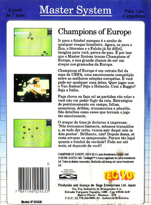 Back boxart of the game Champions of Europe (South America) on Sega Master System