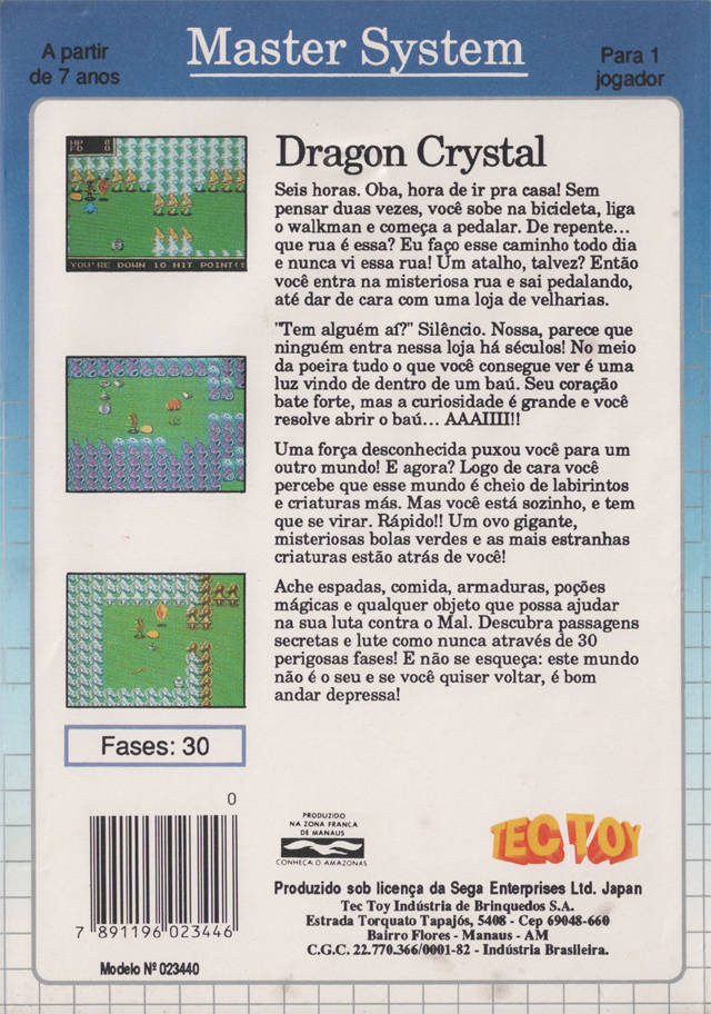 Back boxart of the game Dragon Crystal (South America) on Sega Master System