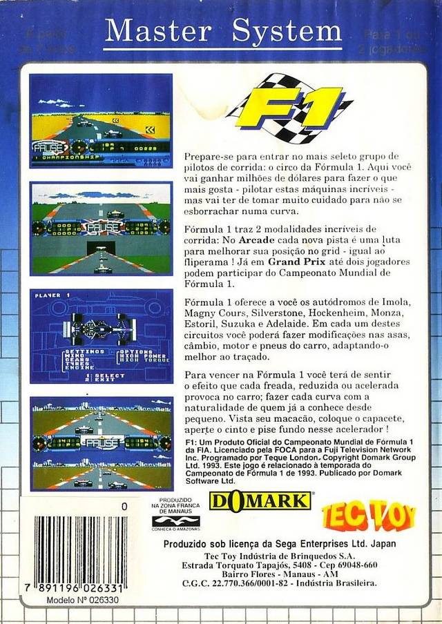 Back boxart of the game F1 (South America) on Sega Master System