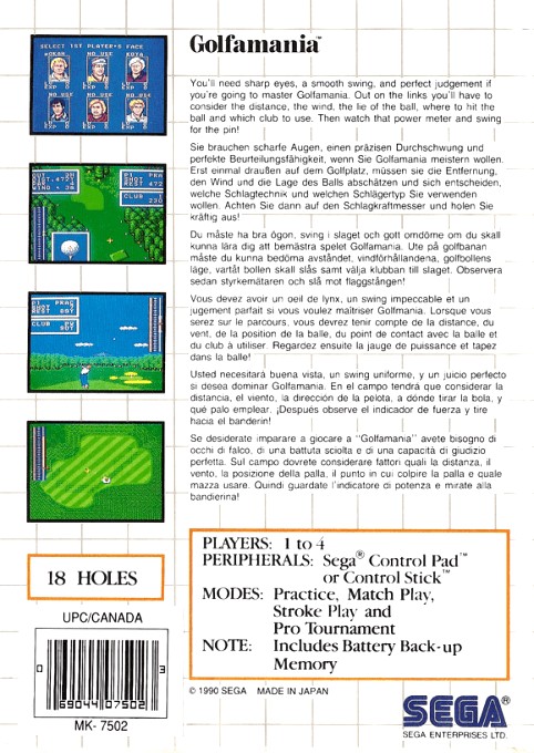 Back boxart of the game Golfamania (Canada) on Sega Master System