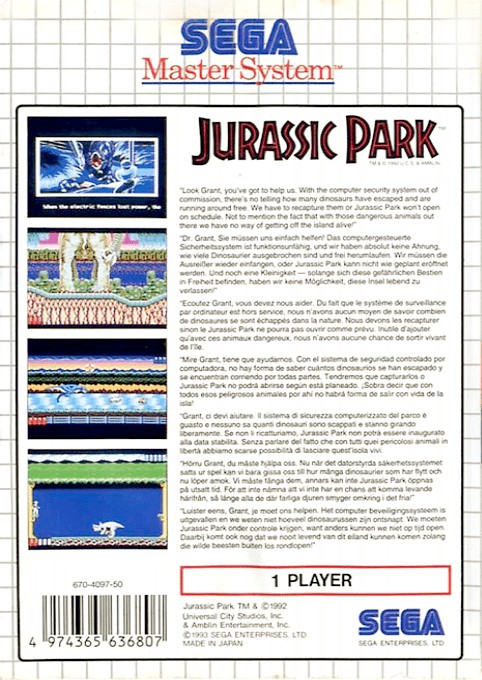 Back boxart of the game Jurassic Park (Europe) on Sega Master System
