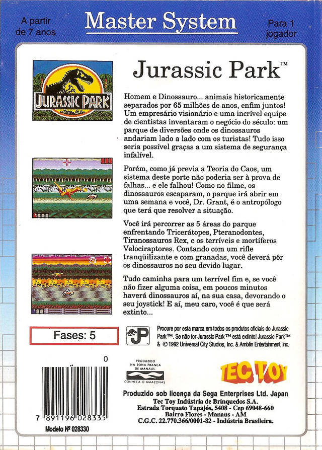 Back boxart of the game Jurassic Park (South America) on Sega Master System