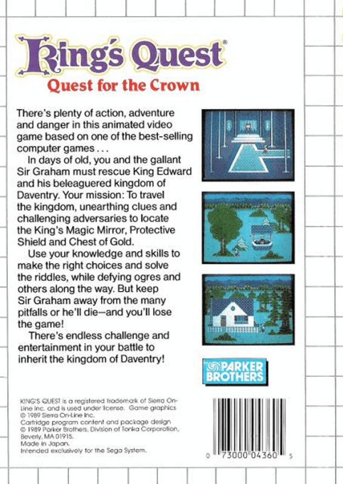 Back boxart of the game King's Quest - Quest for the Crown (United States) on Sega Master System