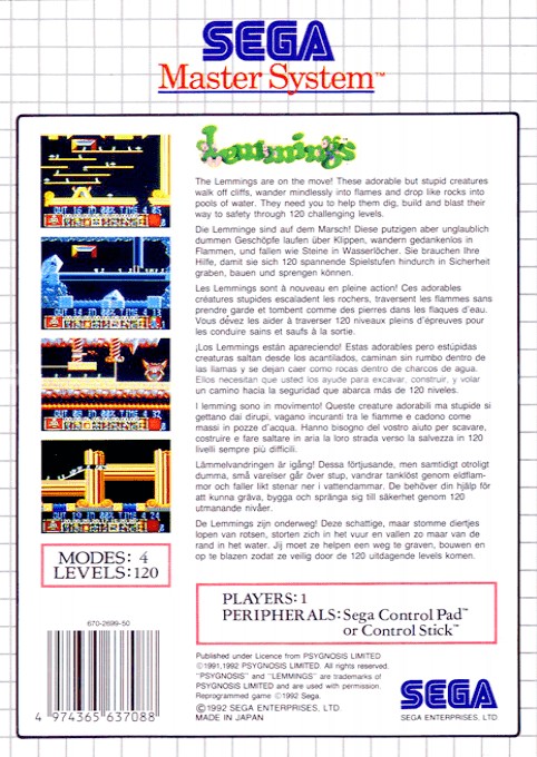 Back boxart of the game Lemmings (Europe) on Sega Master System