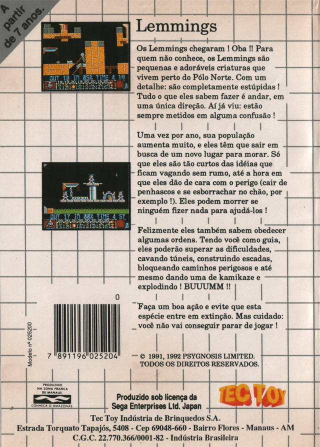 Back boxart of the game Lemmings (South America) on Sega Master System