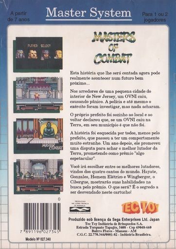 Back boxart of the game Masters of Combat (South America) on Sega Master System