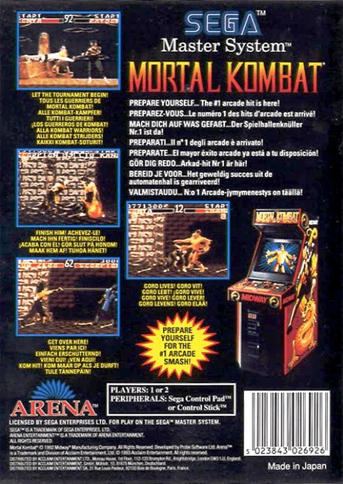 Back boxart of the game Mortal Kombat (Europe) on Sega Master System