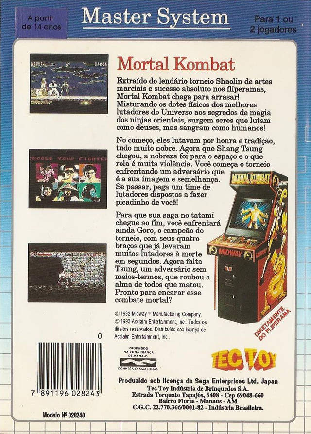 Back boxart of the game Mortal Kombat (South America) on Sega Master System