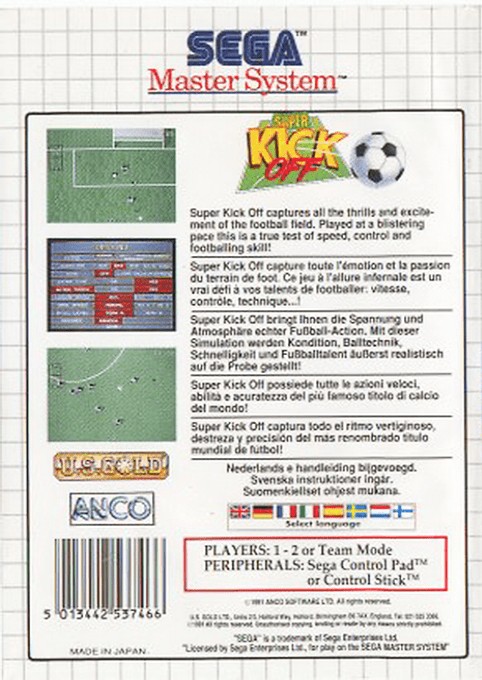 Back boxart of the game Super Kick Off (Europe) on Sega Master System