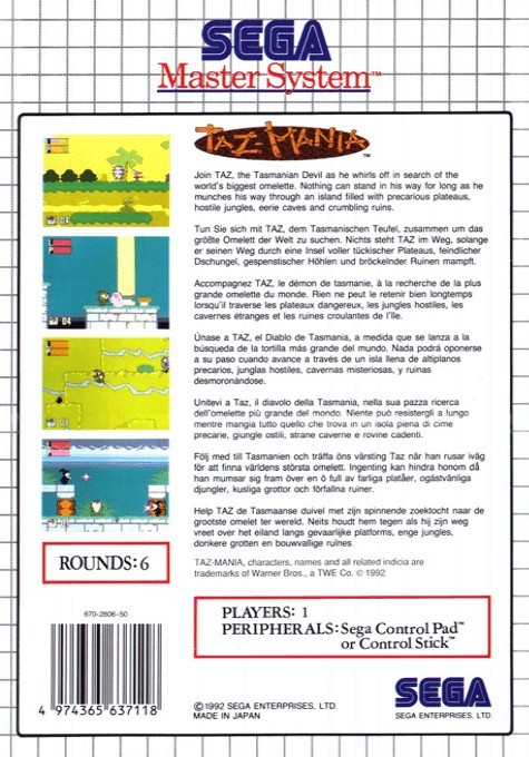 Back boxart of the game Taz - Mania (Europe) on Sega Master System