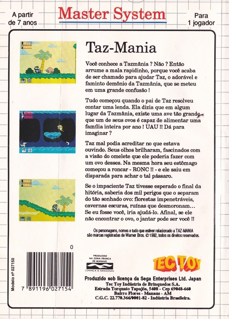 Back boxart of the game Taz - Mania (South America) on Sega Master System
