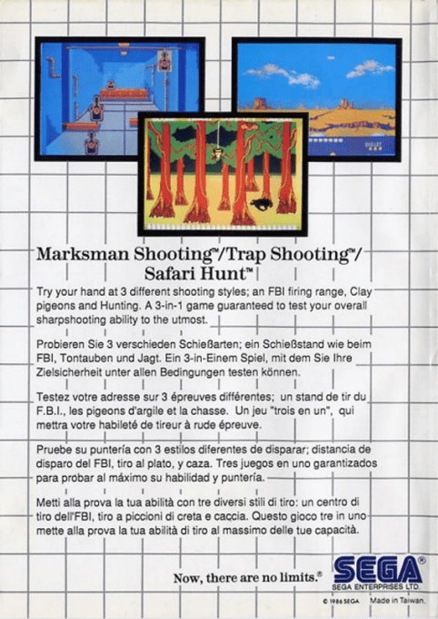 Back boxart of the game Marksman Shooting / Trap Shooting / Safari Hunt (Europe) on Sega Master System