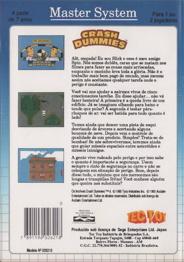 Back boxart of the game Crash Dummies (South America) on Sega Master System