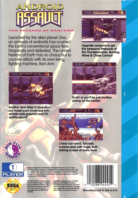 Back boxart of the game Android Assault - Revenge of Bari-Arm (United States) on Sega Mega CD